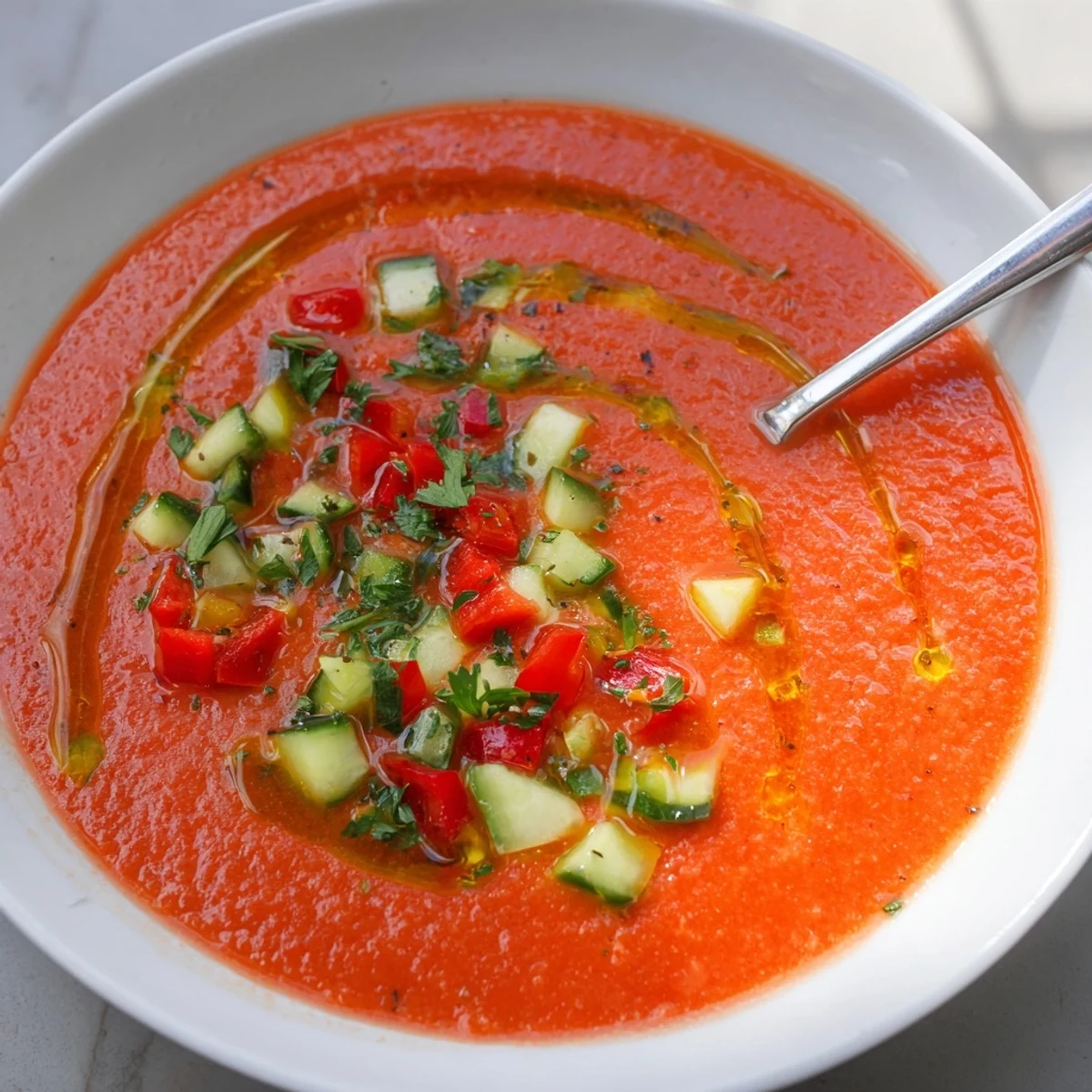 Glossy bowl of chilled tomato gazpacho topped with diced cucumber and red bell pepper