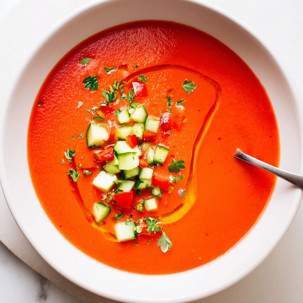 Creamy Spanish gazpacho soup garnished with fresh herbs and a drizzle of olive oil