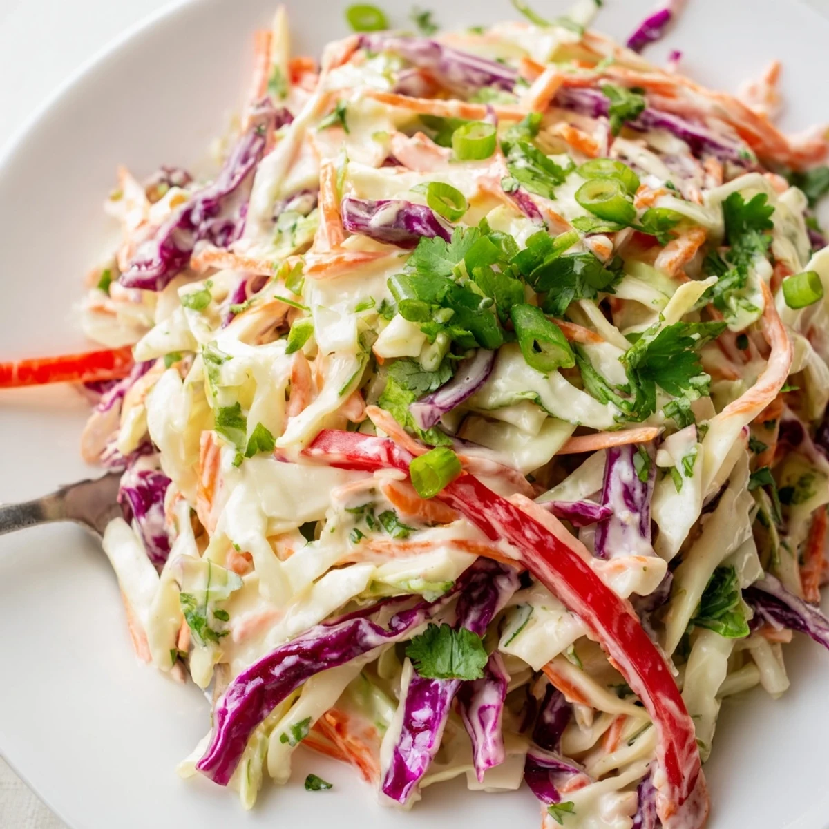Fresh summer slaw salad topped with shredded carrots and sliced red bell pepper
