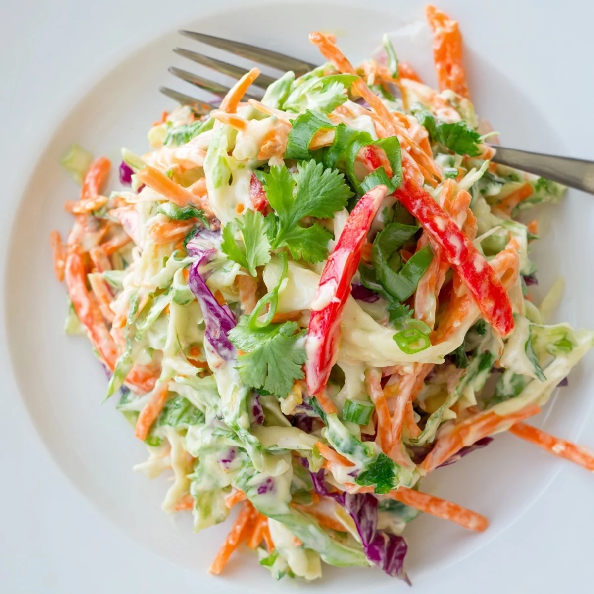 Colorful summer slaw with crisp red and green cabbage in creamy dressing