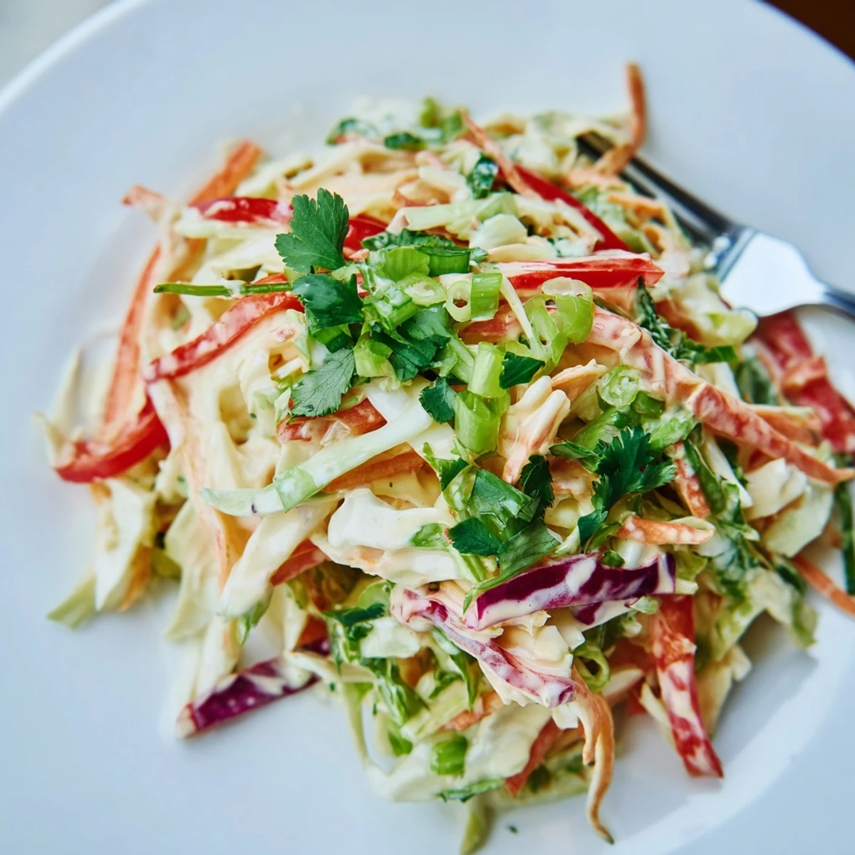 Bowl of summer slaw featuring crunchy vegetables coated in tangy honey mustard dressing