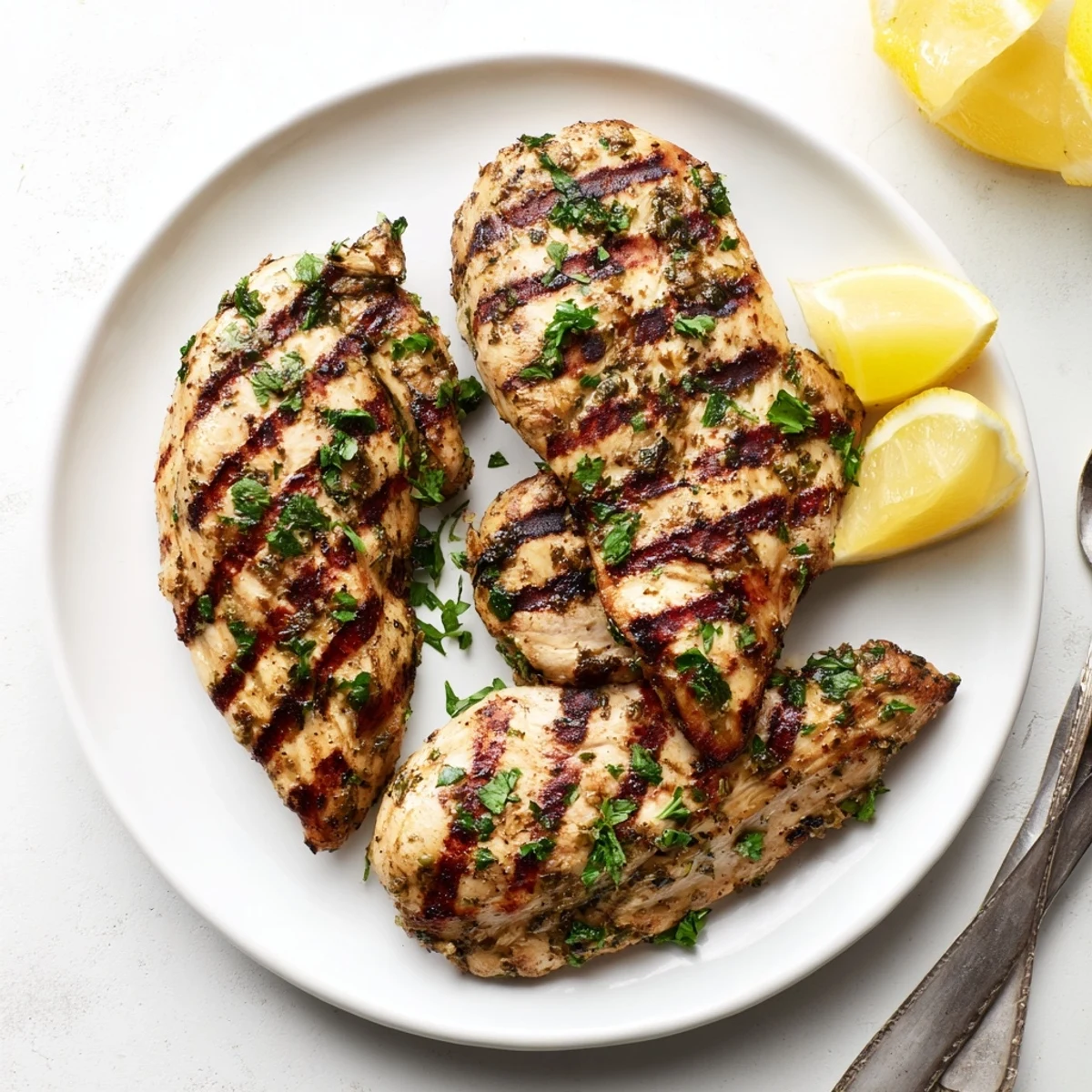 Juicy herb marinated grilled chicken resting on a white plate with lemon wedges