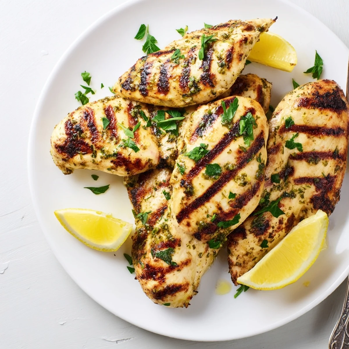 Golden brown grilled chicken breasts with beautiful char marks fresh off the grill