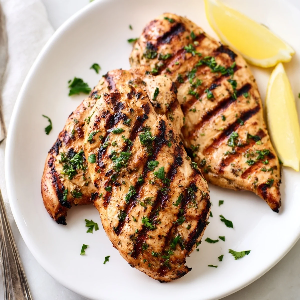 Perfectly cooked grilled chicken with savory spices and fresh parsley garnish for dinner