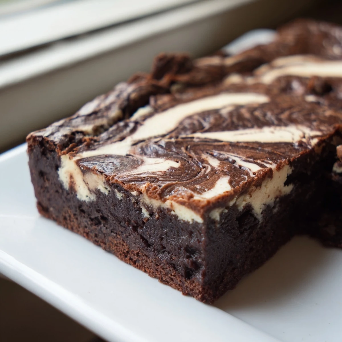 Fudgy sourdough brownie bars featuring tangy cheesecake swirls baked until golden and set