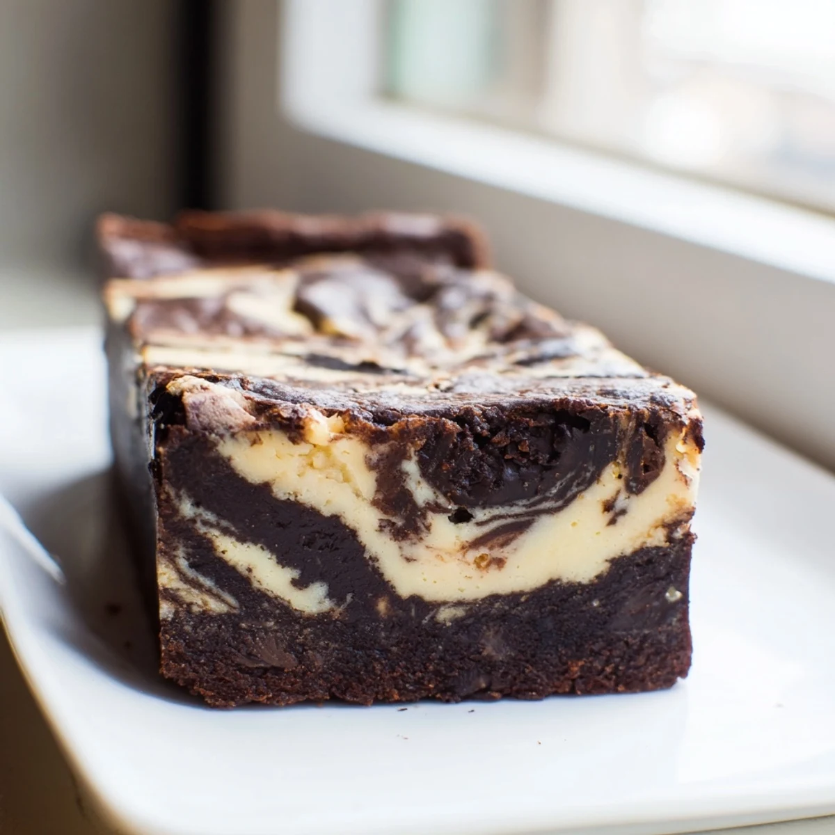 Homemade sourdough cheesecake brownie bars sliced into squares with marbled chocolate and vanilla layers