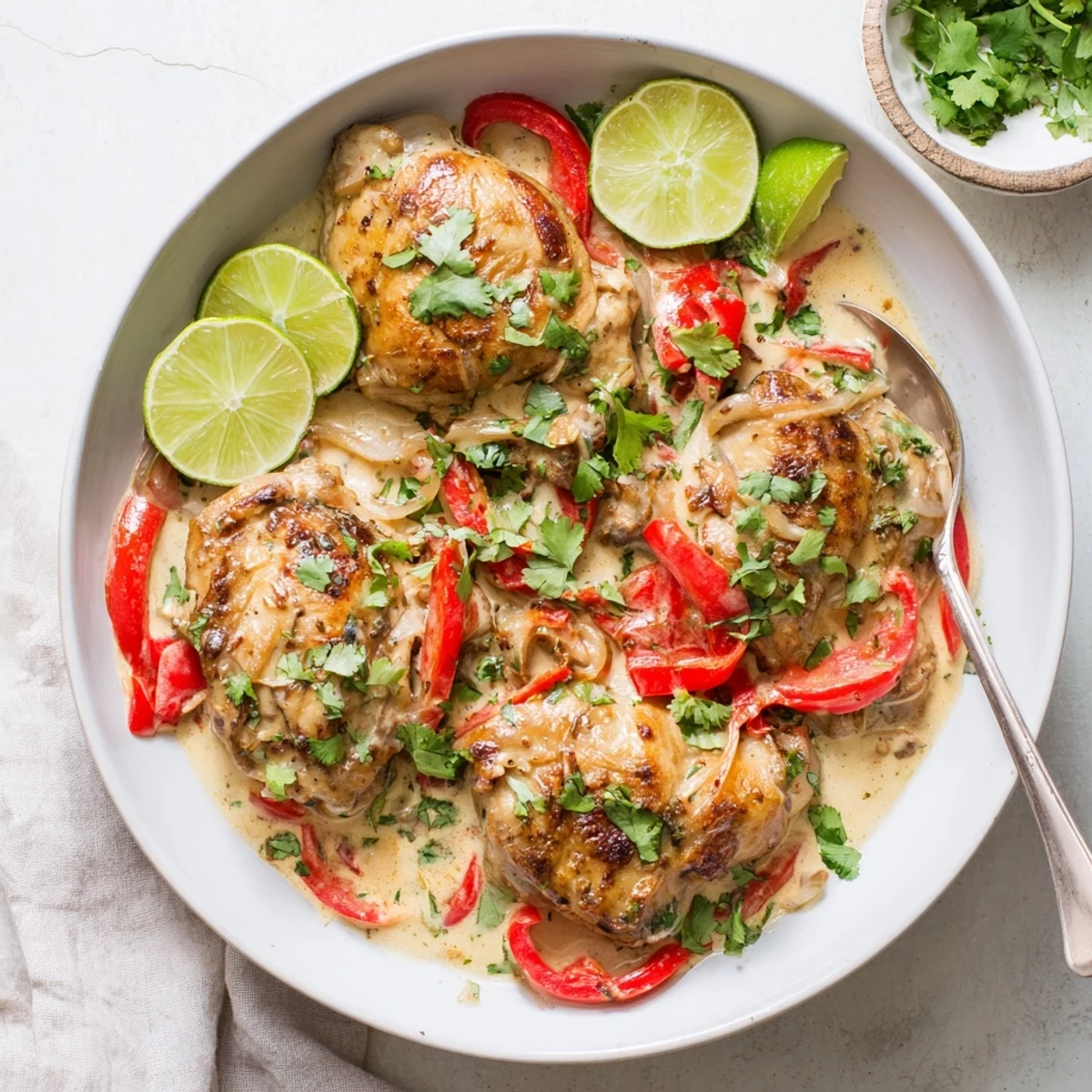 Golden chicken pieces simmered in a rich creamy coconut sauce with red bell peppers and fresh cilantro garnish