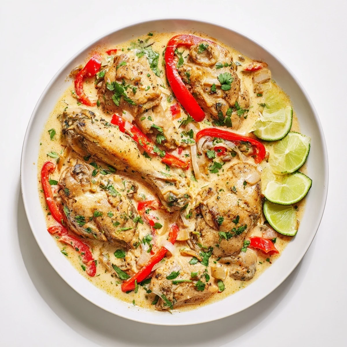 Creamy coconut milk braised chicken with vibrant red pepper slices and chopped cilantro on a rustic wooden table