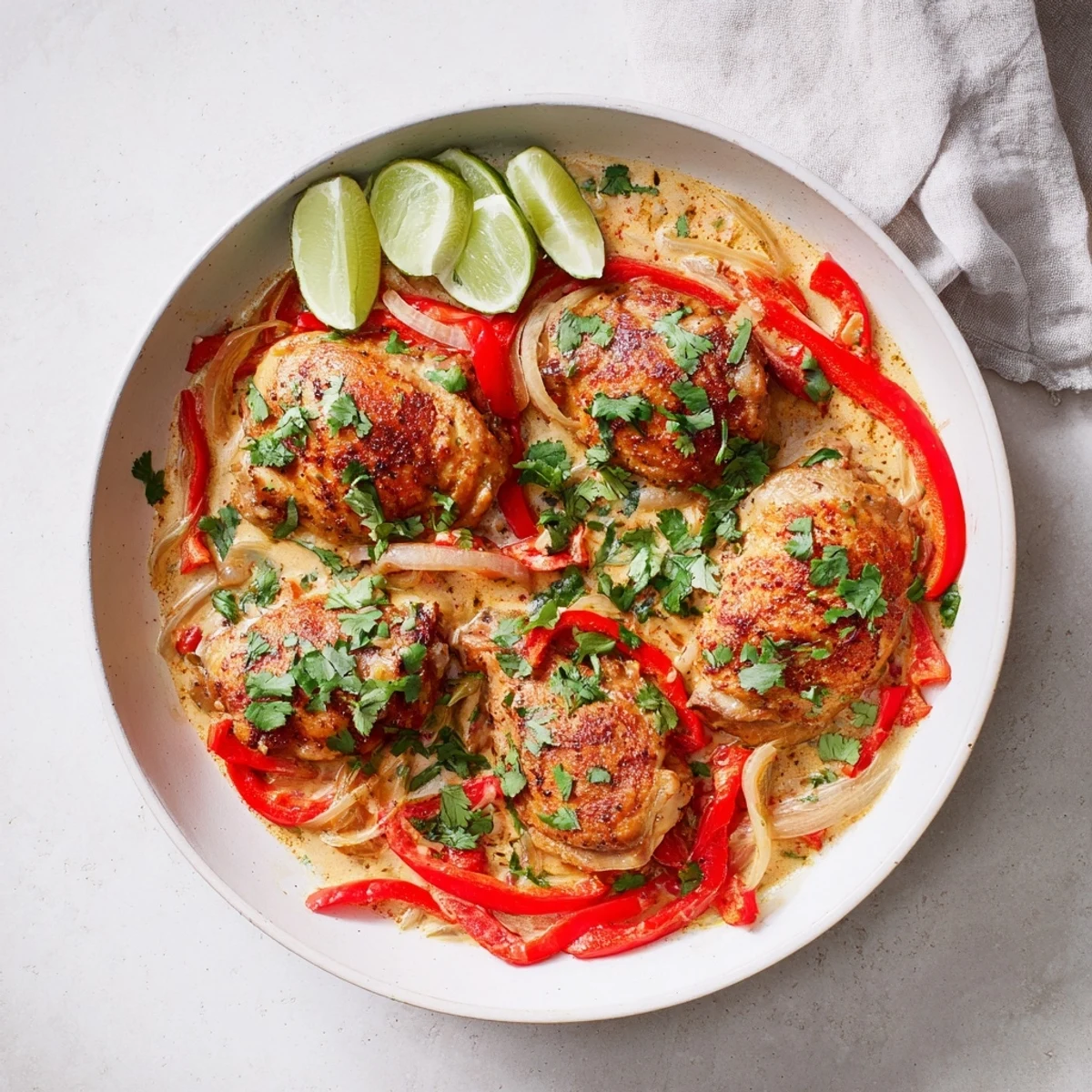 Tender spicy Brazilian coconut chicken served in a white bowl over steamed white rice with lime wedges
