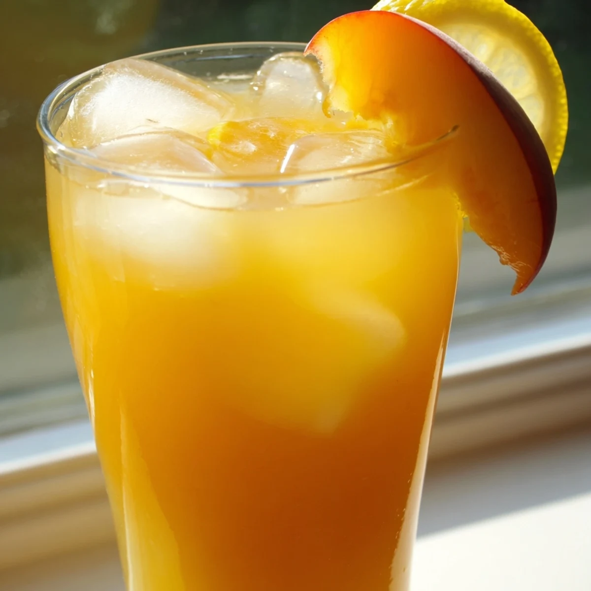 Refreshing fresh peach lemonade drink poured over ice with ripe peach wedge on the rim