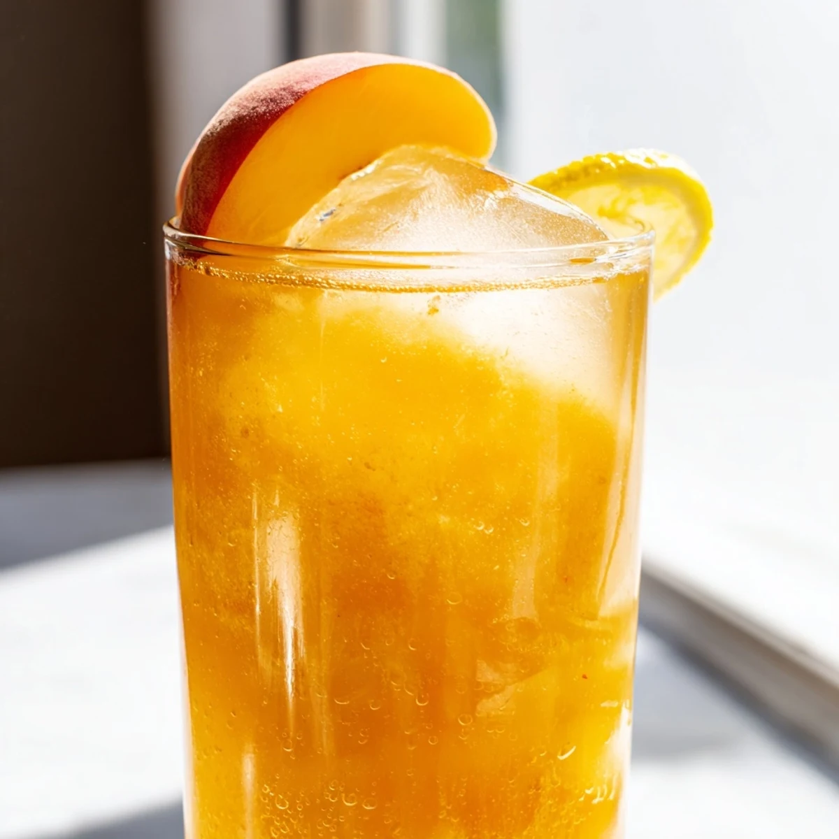 Golden peach lemonade drink garnished with fresh mint and lemon wheels on a wooden table