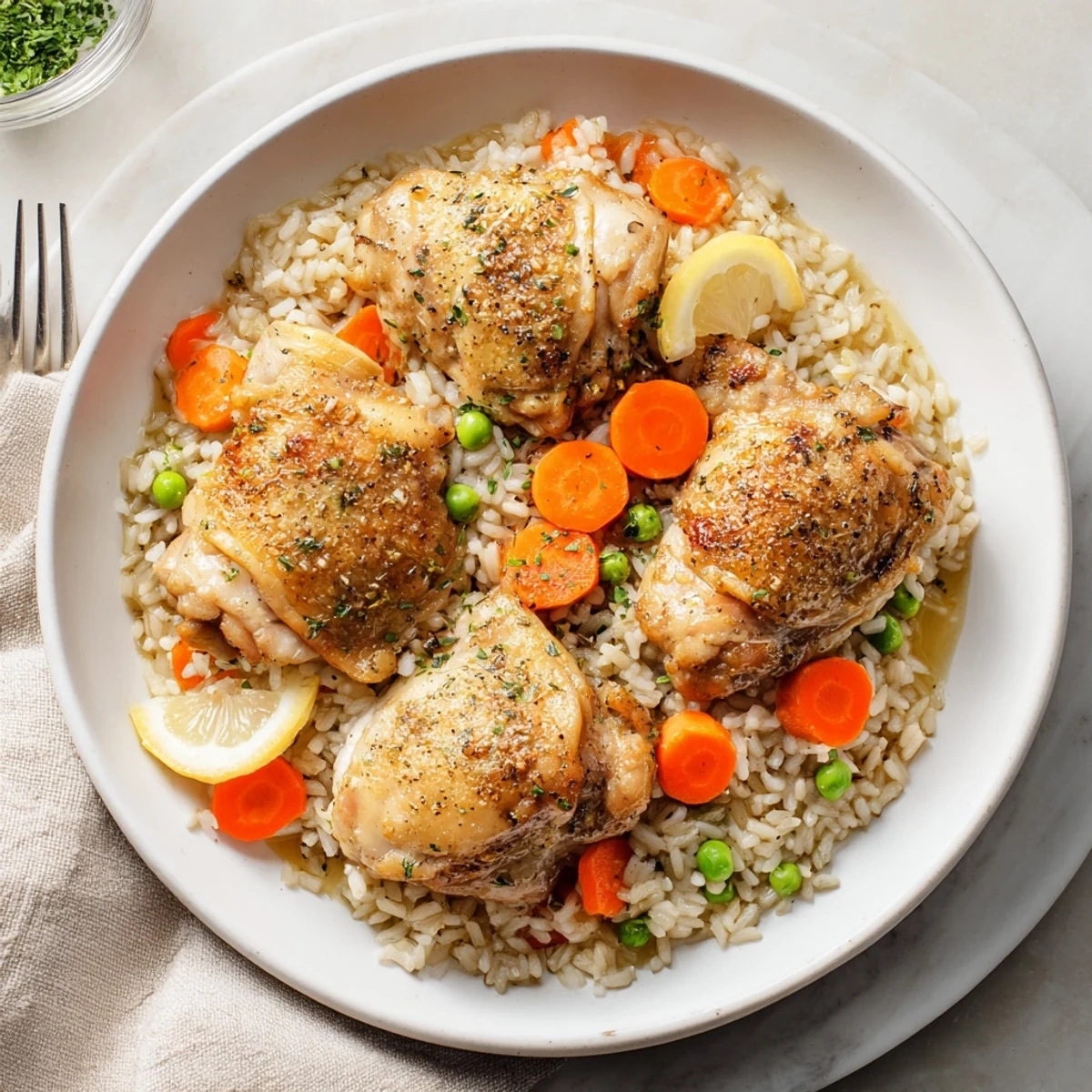 Hearty Slow Cooker Lemon Herb Chicken And Rice served with fresh parsley and wedges.