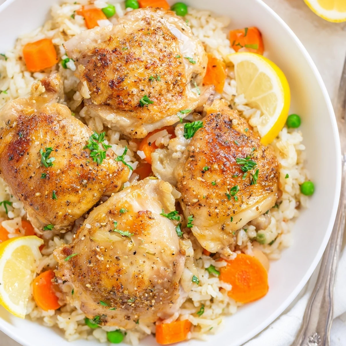 Comforting Slow Cooker Lemon Herb Chicken And Rice, fragrant with herbs, served steaming.