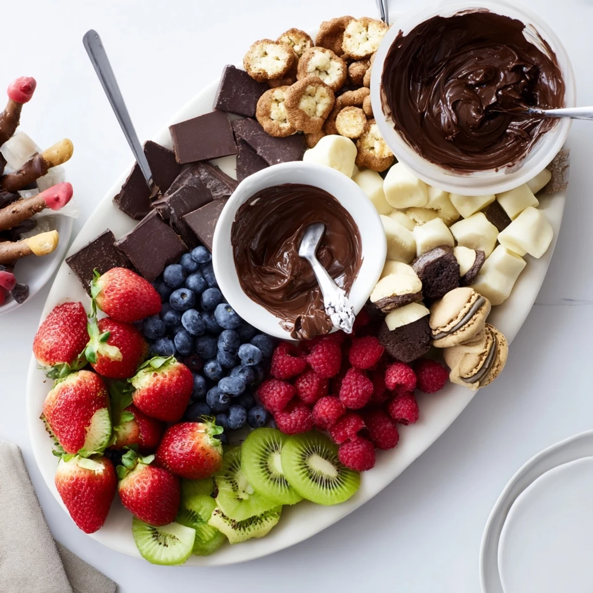 Dessert Charcuterie Board with glossy chocolates, juicy berries, and crunchy pretzels