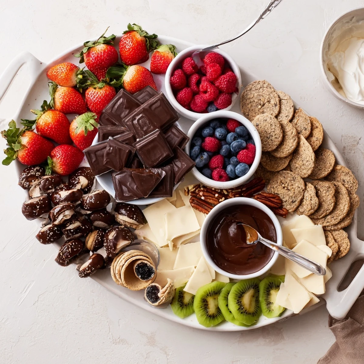 Overstuffed Dessert Charcuterie Board featuring macarons, caramel dip, and sliced kiwi