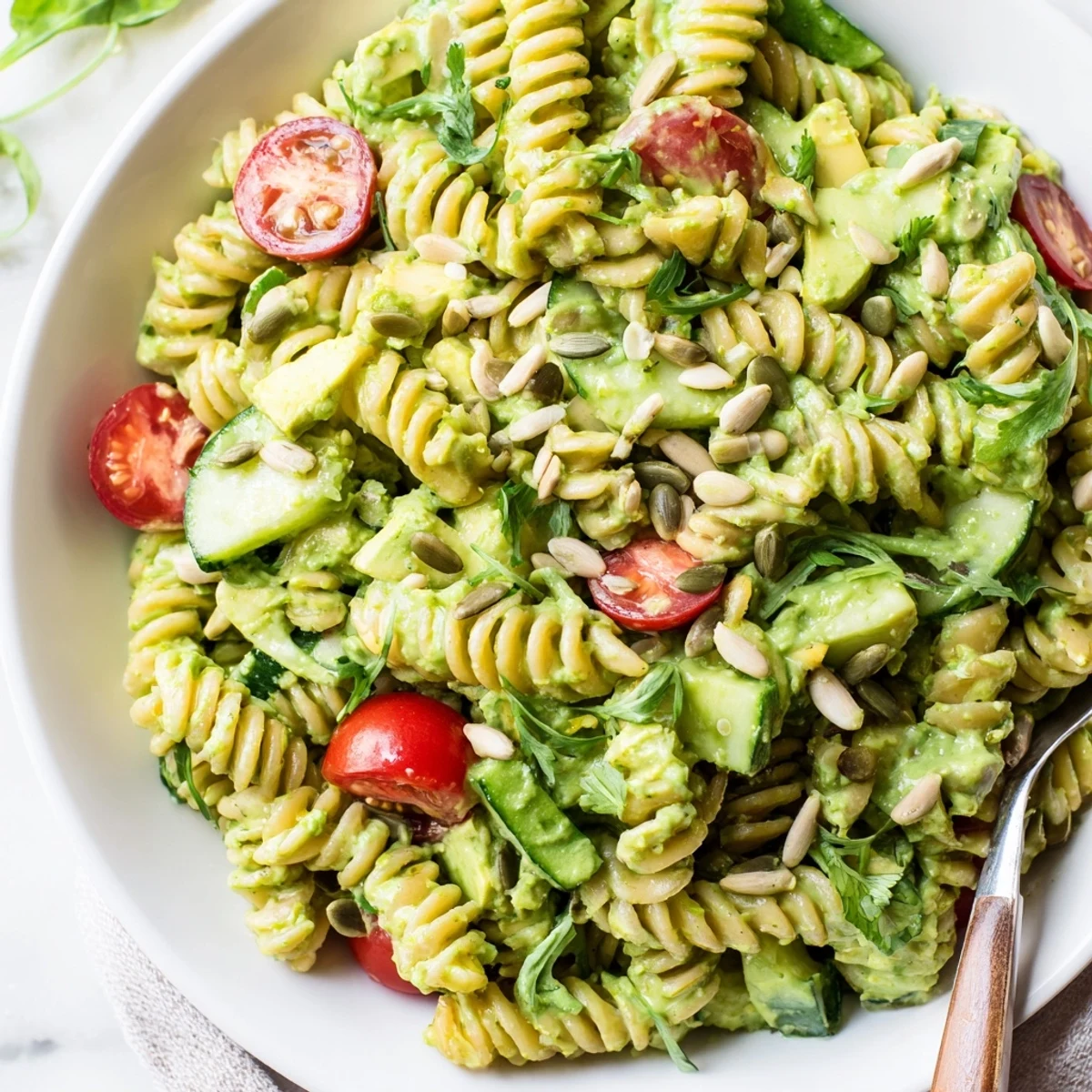 Green Goddess Pasta Salad with creamy herb dressing, crisp cucumbers and tomatoes