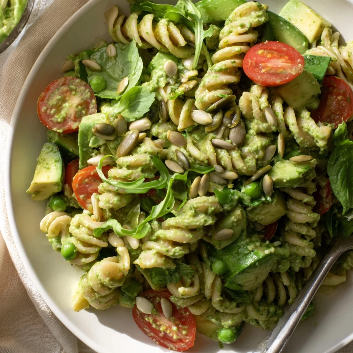 Bright Green Goddess Pasta Salad tossed with avocado, spinach, and toasted seeds