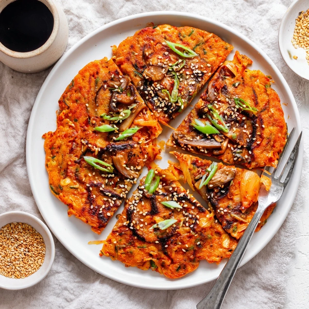 Crispy Vegan Kimchi Pancake With Tamari Mushrooms topped with glossy shiitake