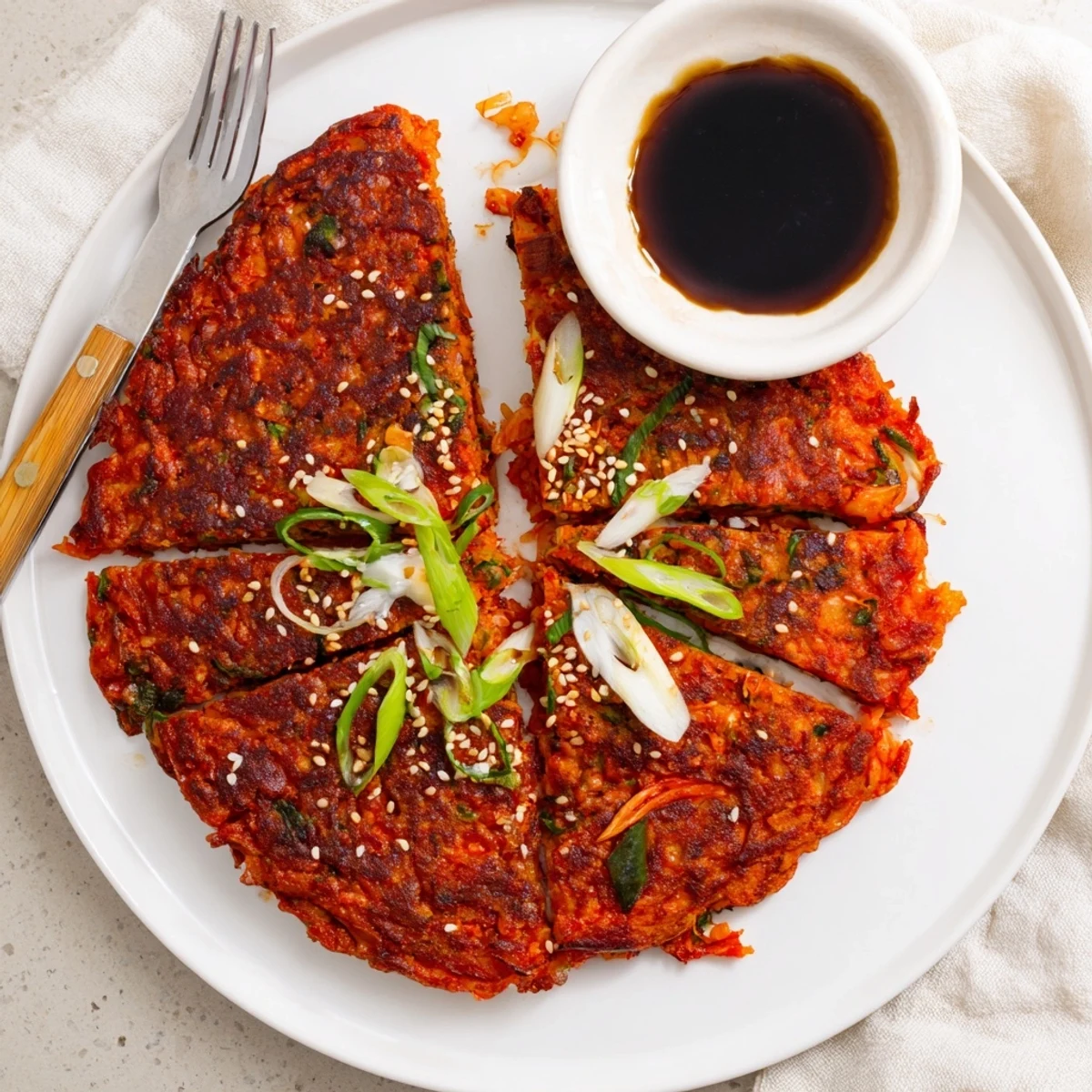 Serve wedges of Vegan Kimchi Pancake With Tamari Mushrooms with tangy dipping