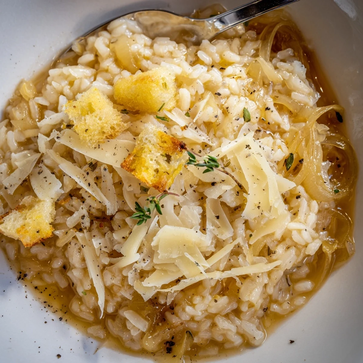French Onion Soup Rice bubbling with melted Gruyere, caramelized onions, toasted croutons