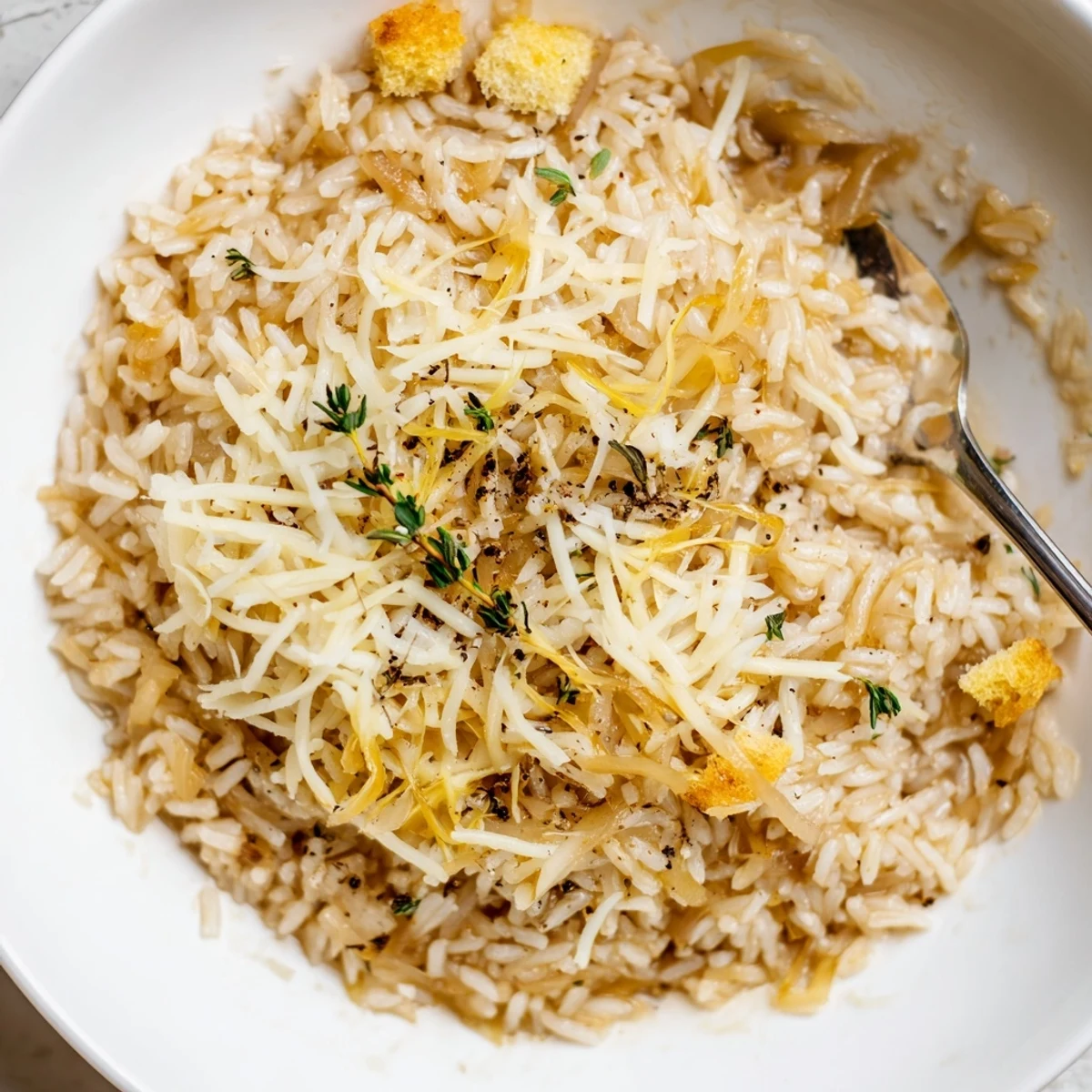 Warm French Onion Soup Rice in casserole, aromatic thyme and golden onions