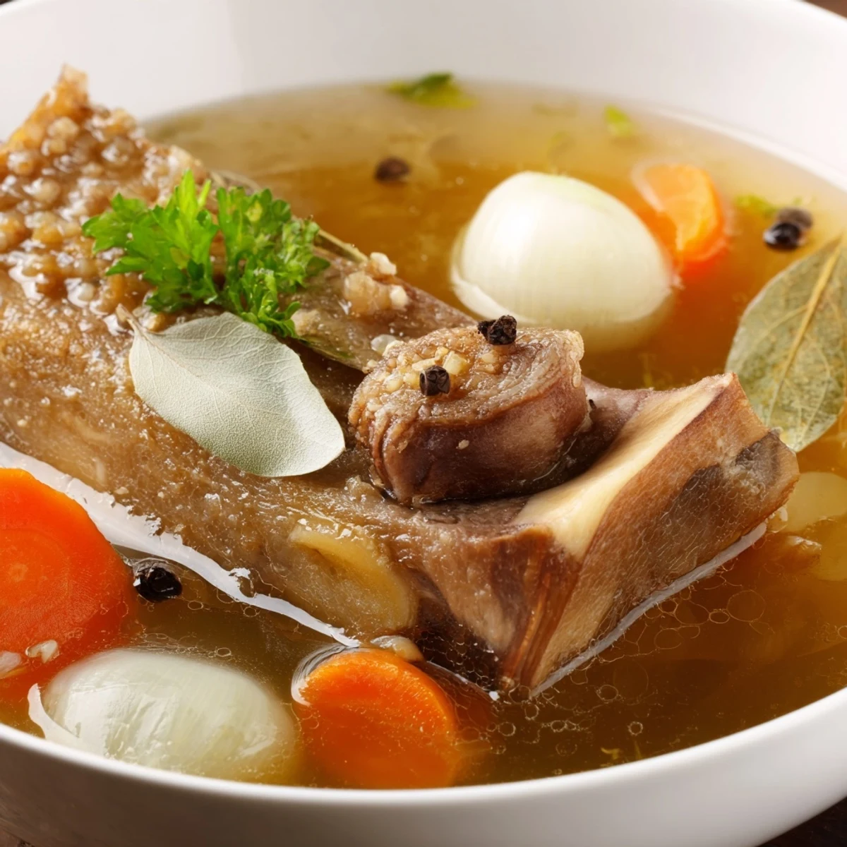 Steaming bowl of Beef Bone Broth, golden, savory aroma, spoon beside