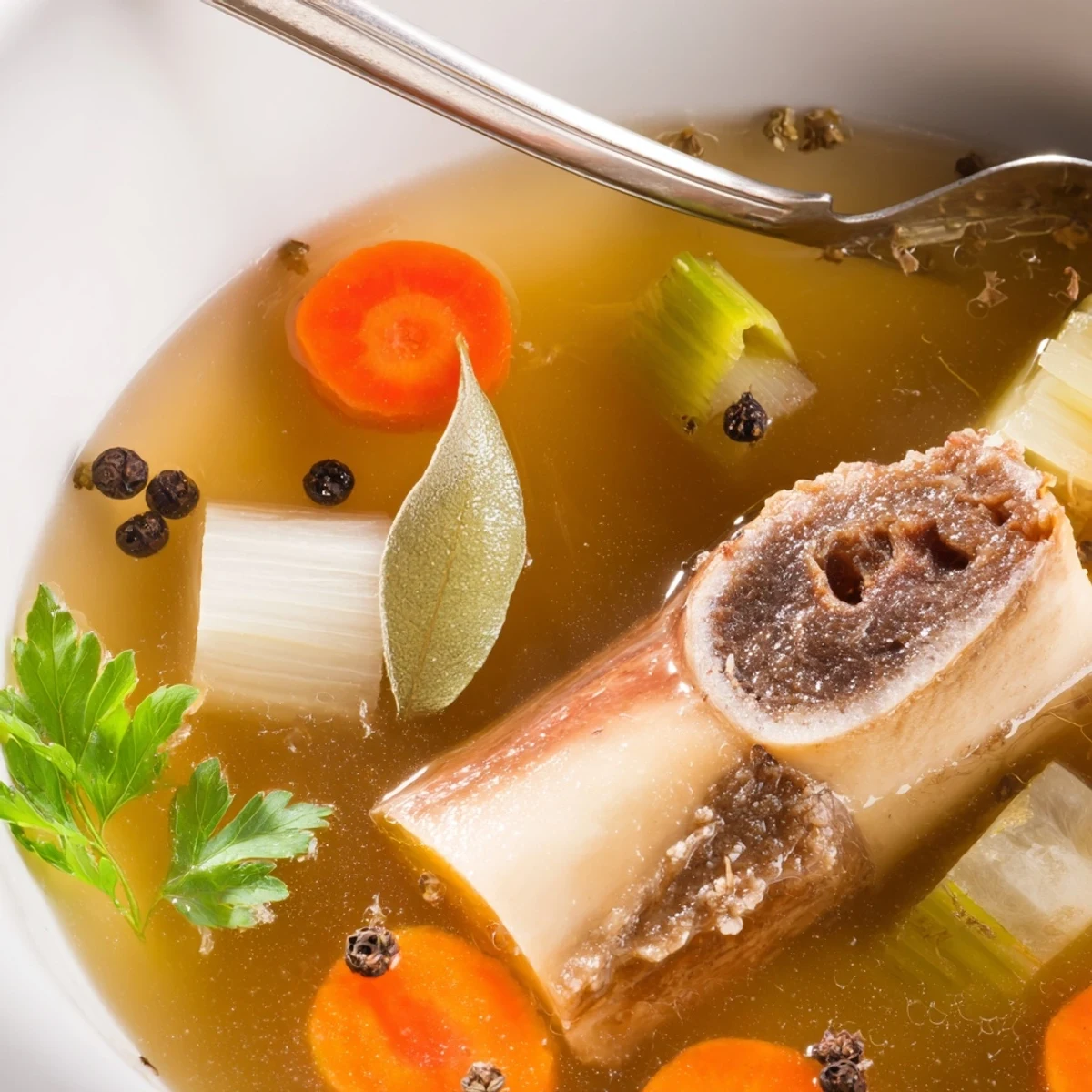 Slow-simmered Beef Bone Broth with roasted bones, carrots, rich gelatinous texture