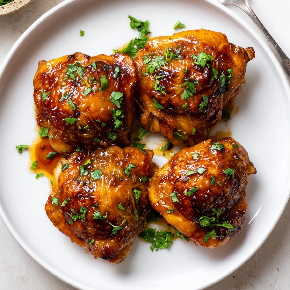 A plate of Chipotle Honey Chicken Thighs With Smoked Gouda, cheese bubbling