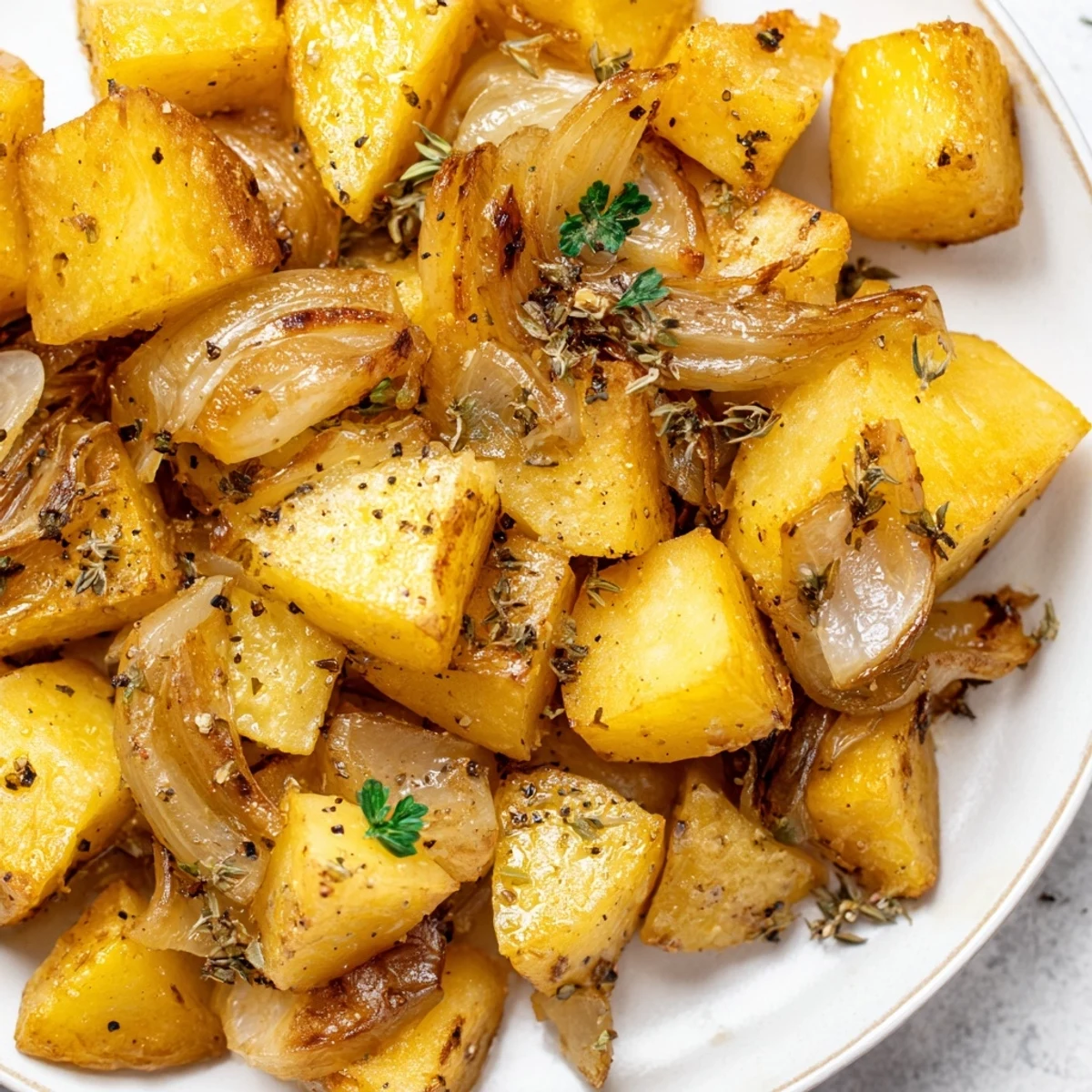 Golden roasted potatoes and caramelized onions arranged on a rustic baking sheet with fresh herbs