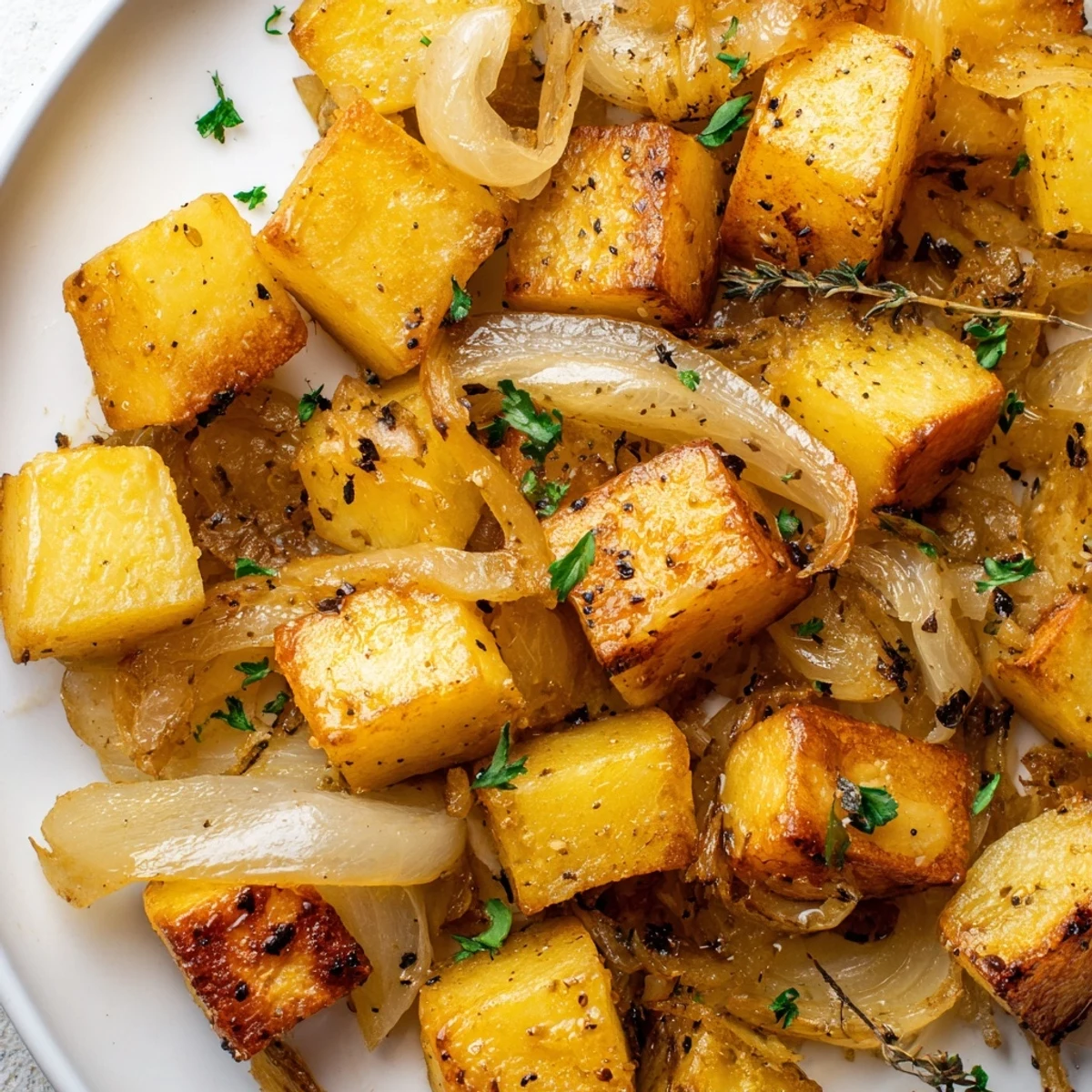 Crispy potato cubes and sweet onion wedges roasted to perfection with olive oil and thyme