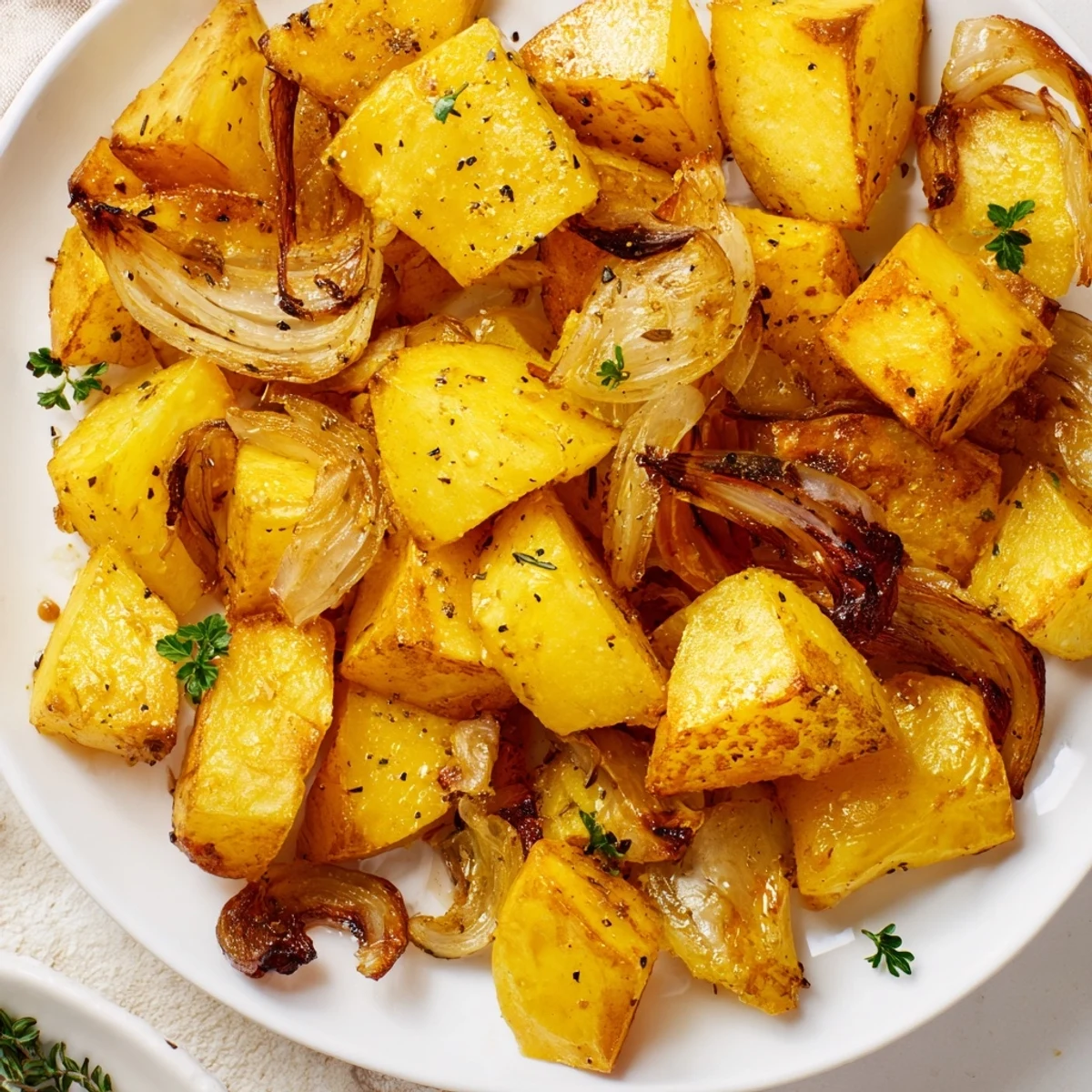 Heap of tender roasted potatoes and onions garnished with parsley on a white serving platter