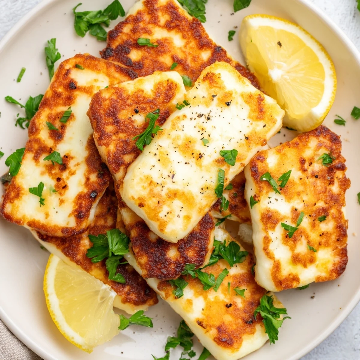 Golden pan fried halloumi cheese served with fresh lemon wedges and chopped parsley
