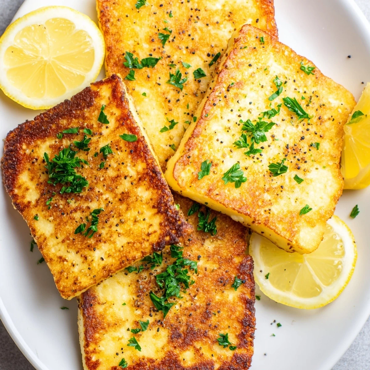 Crispy Mediterranean halloumi slices sizzling in a skillet with olive oil and herbs