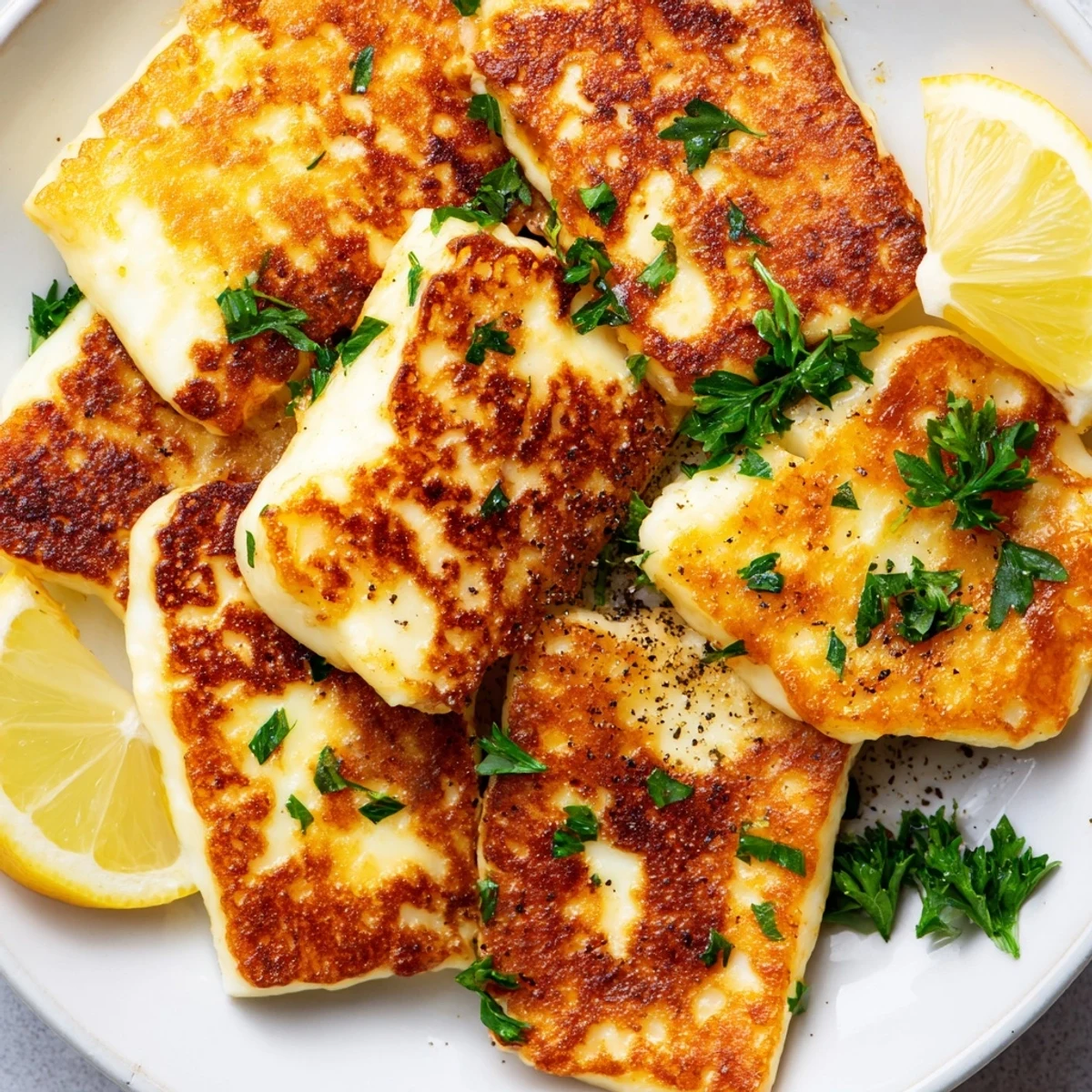 Savory golden brown pan fried halloumi sprinkled with black pepper and fresh parsley