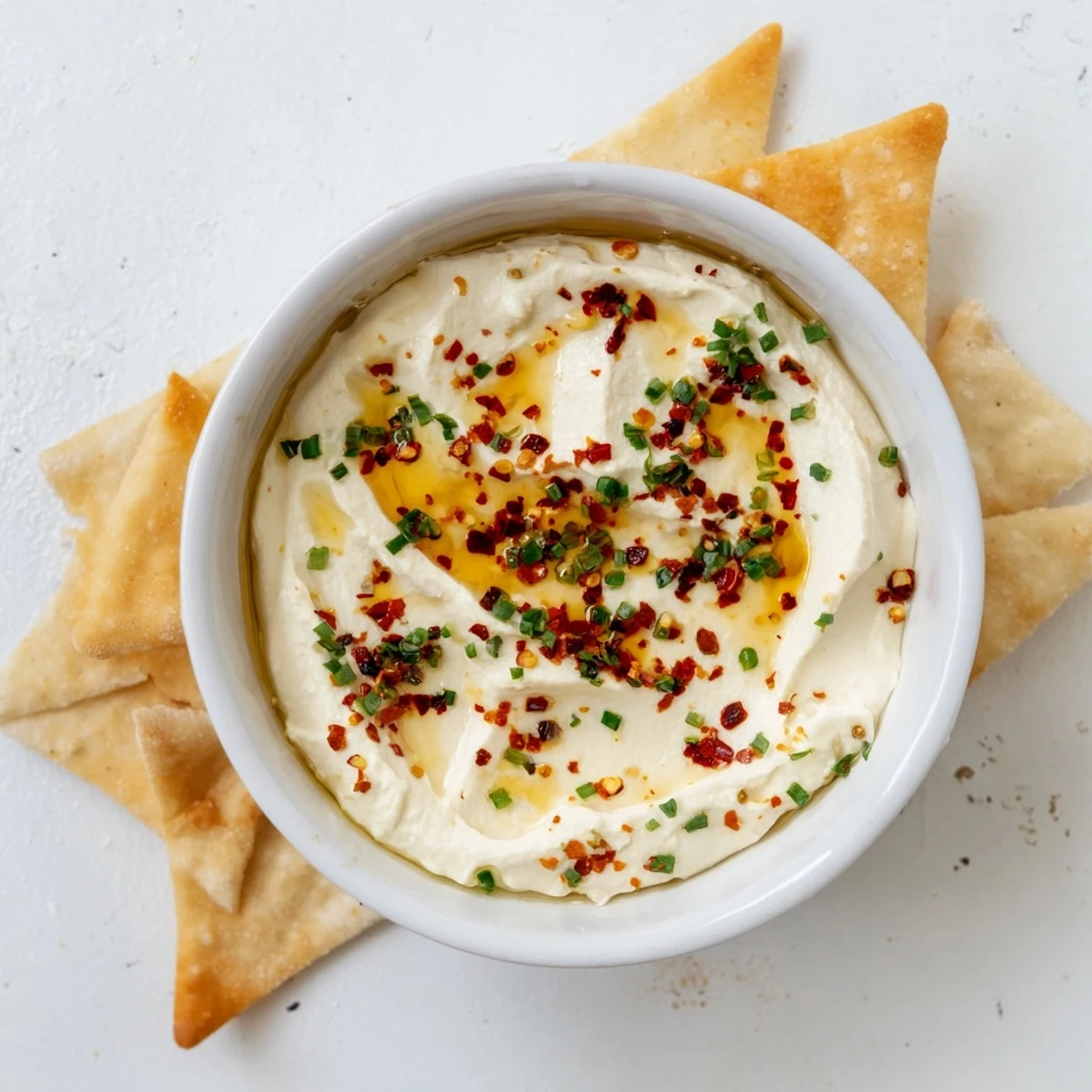 Creamy whipped feta topped with golden spicy honey drizzle and fresh herbs