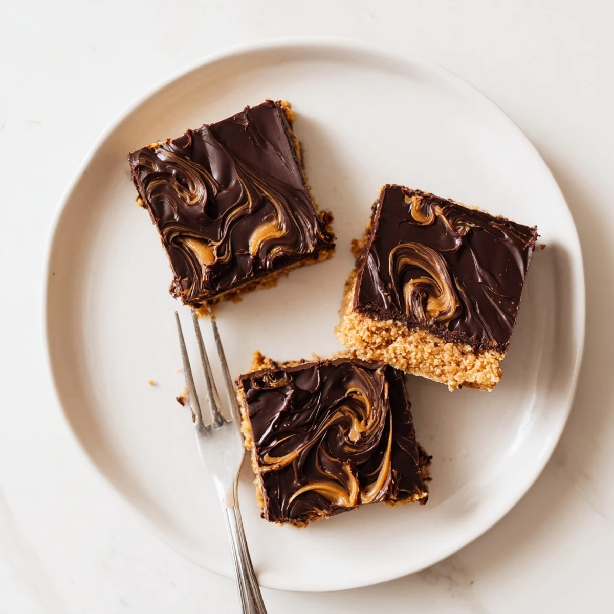 Golden no-bake peanut butter bars layered with smooth melted chocolate topping on a white plate