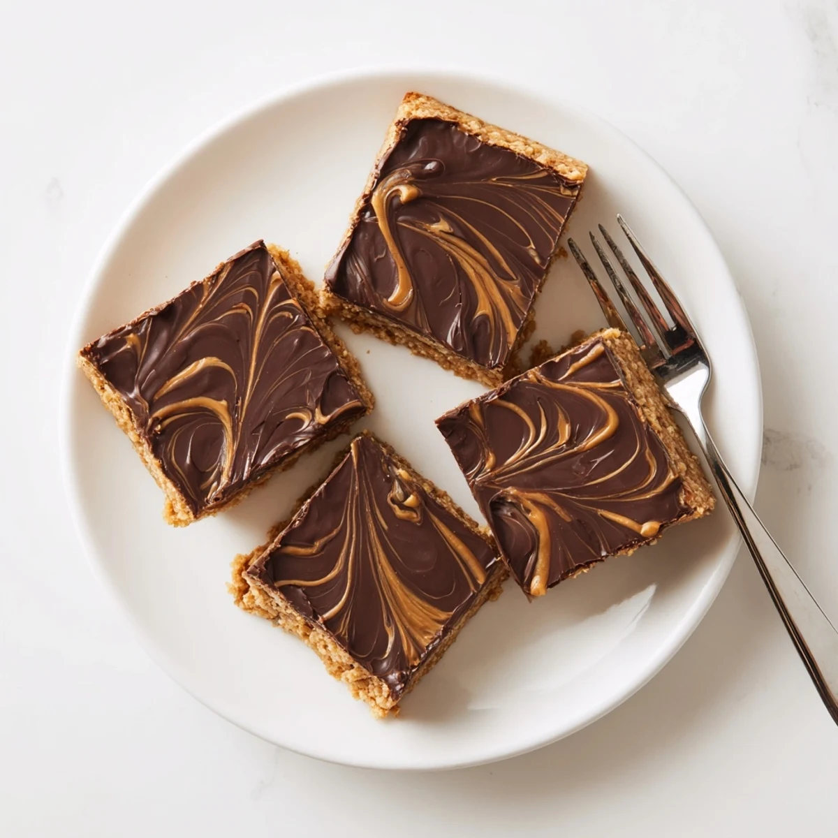 Creamy peanut butter dessert bars with dark chocolate glaze, garnished with sea salt flakes
