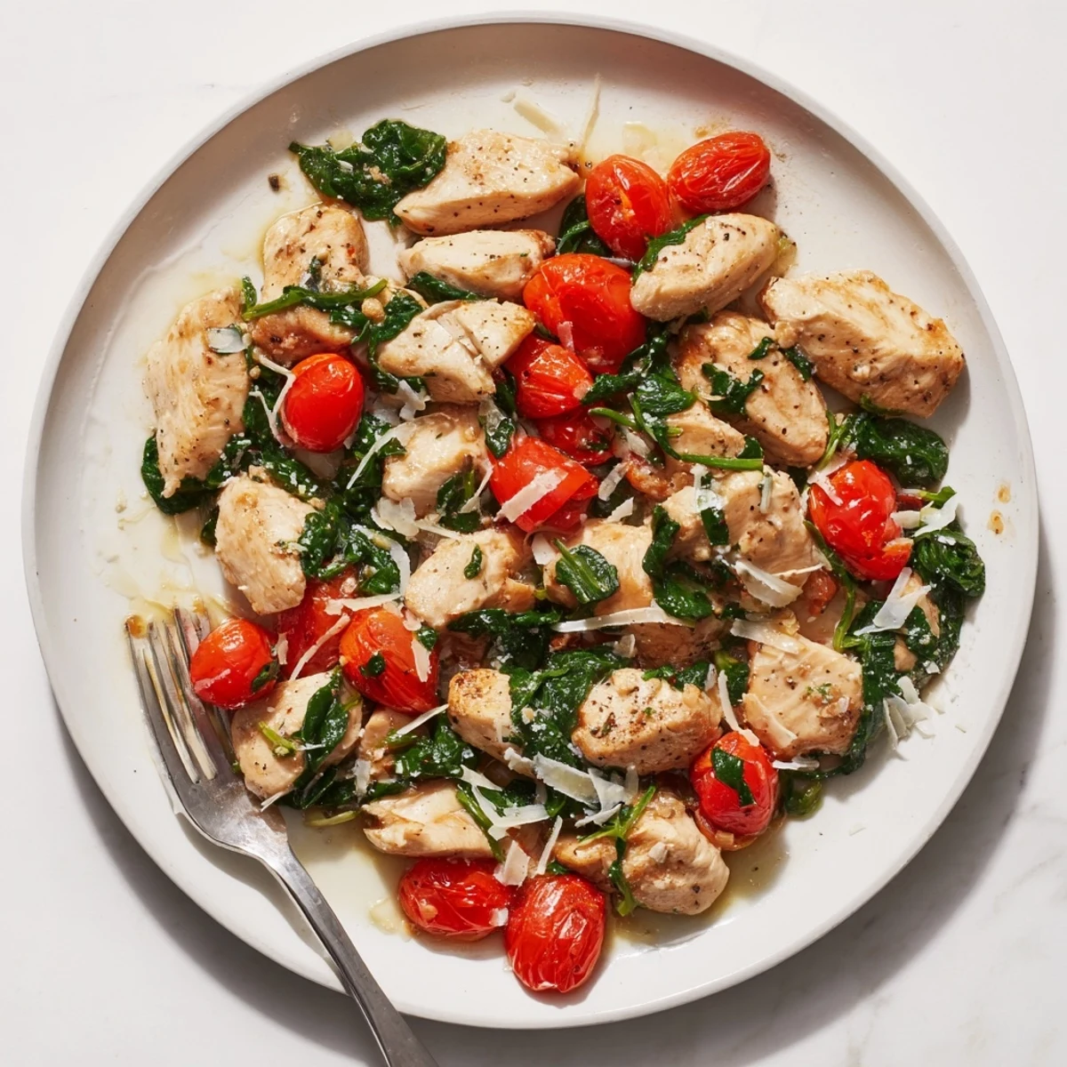 Tender tomato spinach chicken dish served steaming hot with parmesan cheese sprinkled over the top