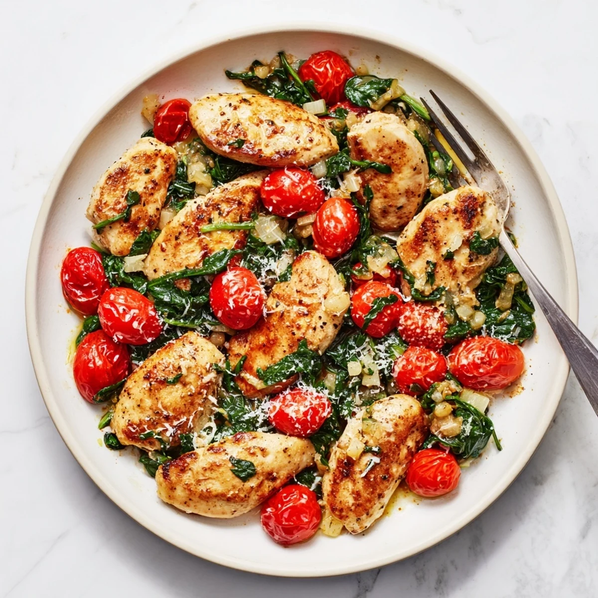 Golden seared chicken breasts nestled in a skillet with vibrant cherry tomatoes and fresh wilted spinach