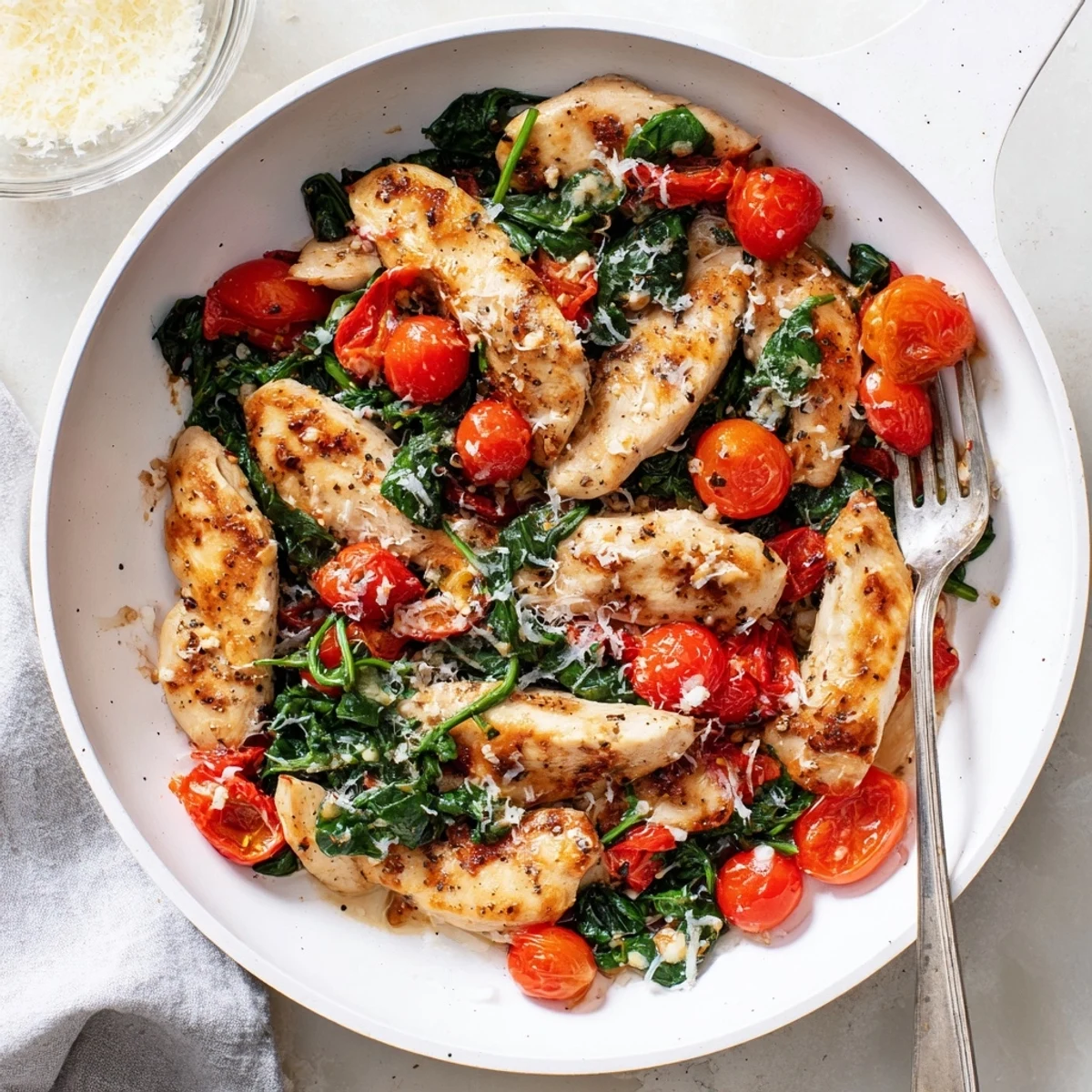 One-pan chicken breast simmering in a rich tomato sauce with wilted spinach and aromatic herbs