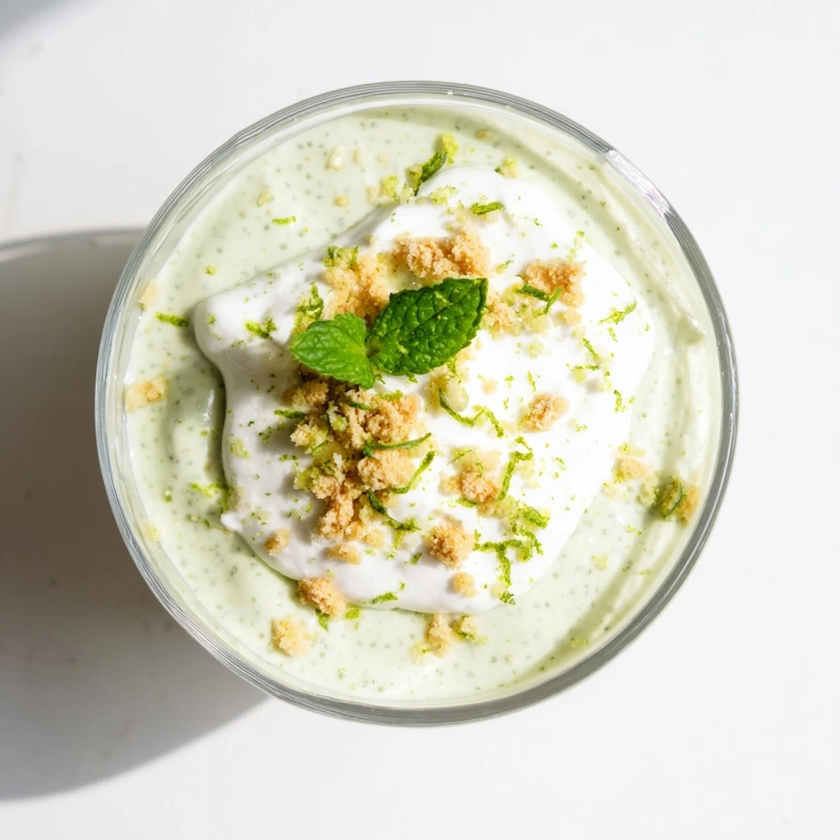 Creamy Key lime chia pudding topped with fresh lime zest and coconut yogurt in glass jars