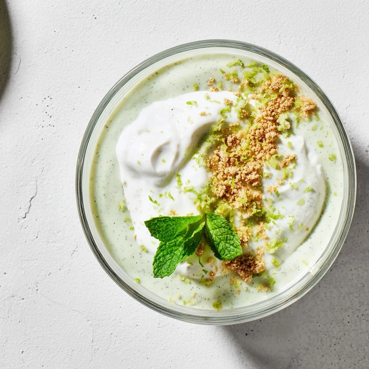 Tangy green Key lime chia pudding dessert garnished with crushed graham crackers and mint leaves