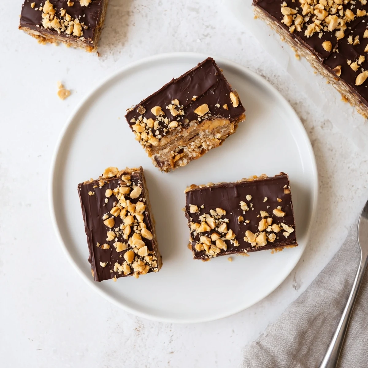 Chunky Peanut Butter Bars chilled, dense peanut center and silky chocolate layer