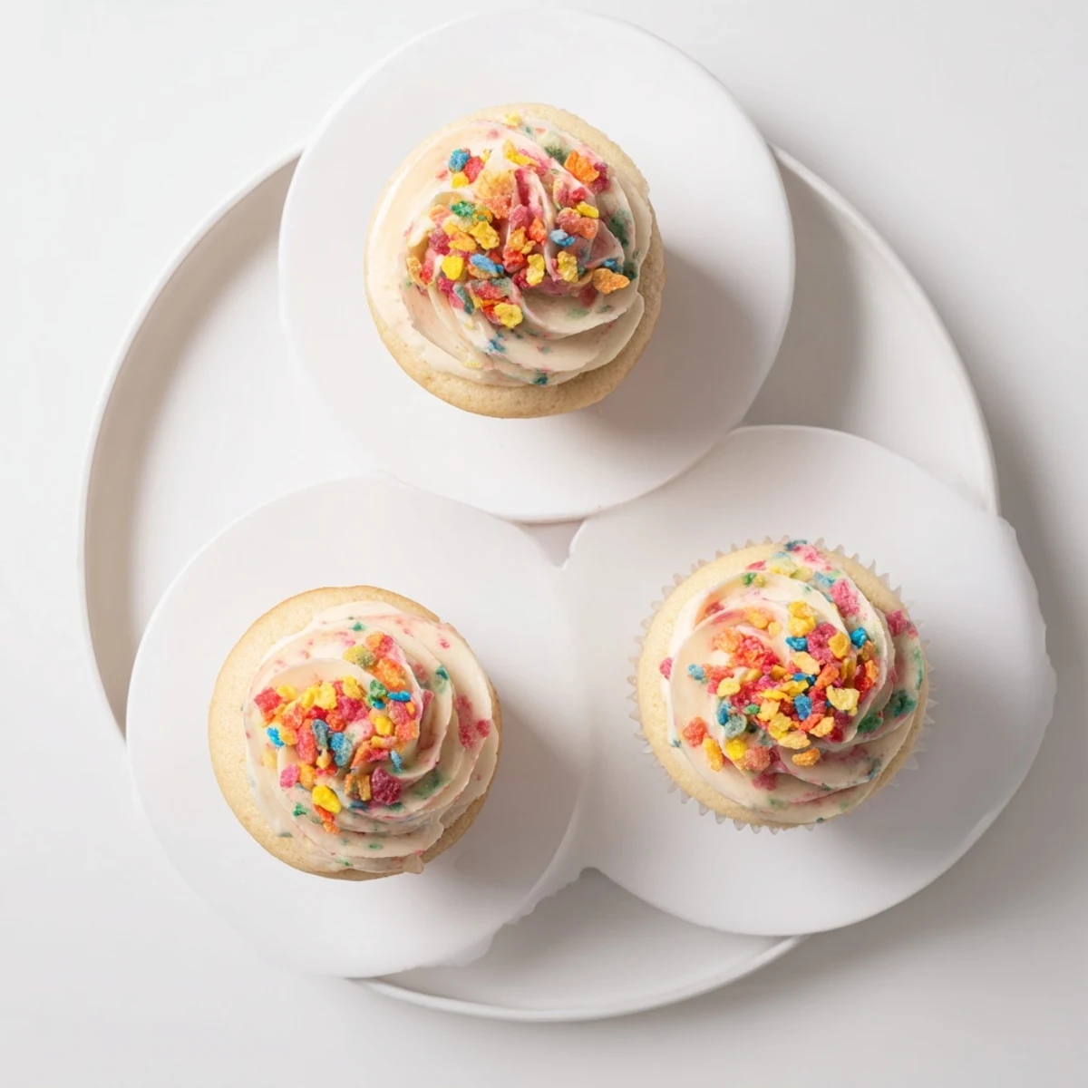 Fruity Pebbles Cereal Frosting swirled on cupcakes and cookies, vibrant color, crisp texture