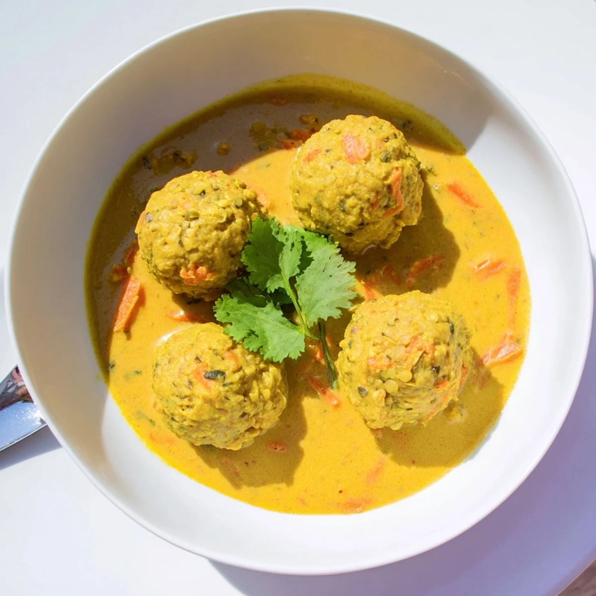 Carrot And Chickpea Balls In Coconut Curry Sauce served warm, fragrant cilantro garnish
