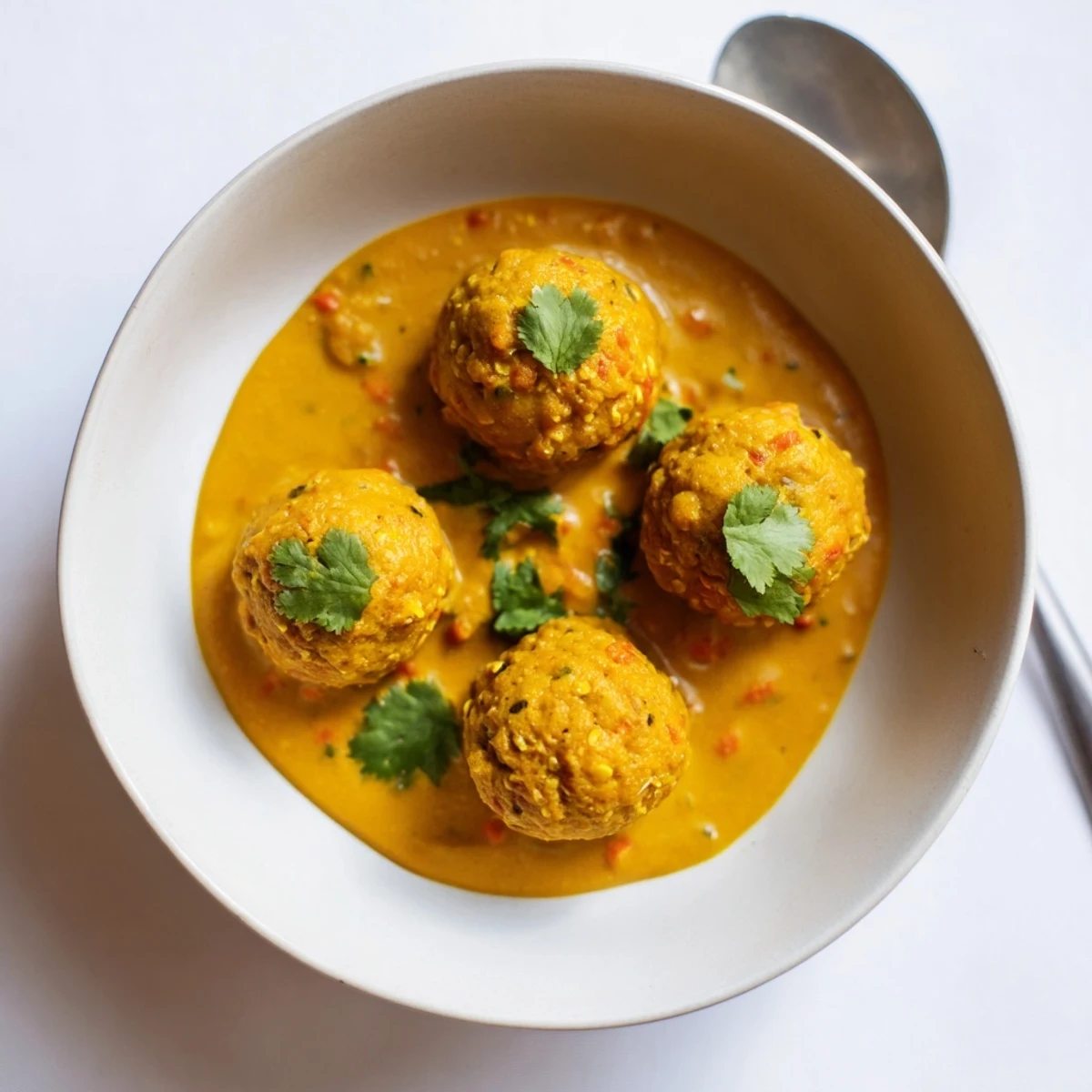 Carrot And Chickpea Balls In Coconut Curry Sauce glistening over steaming basmati rice