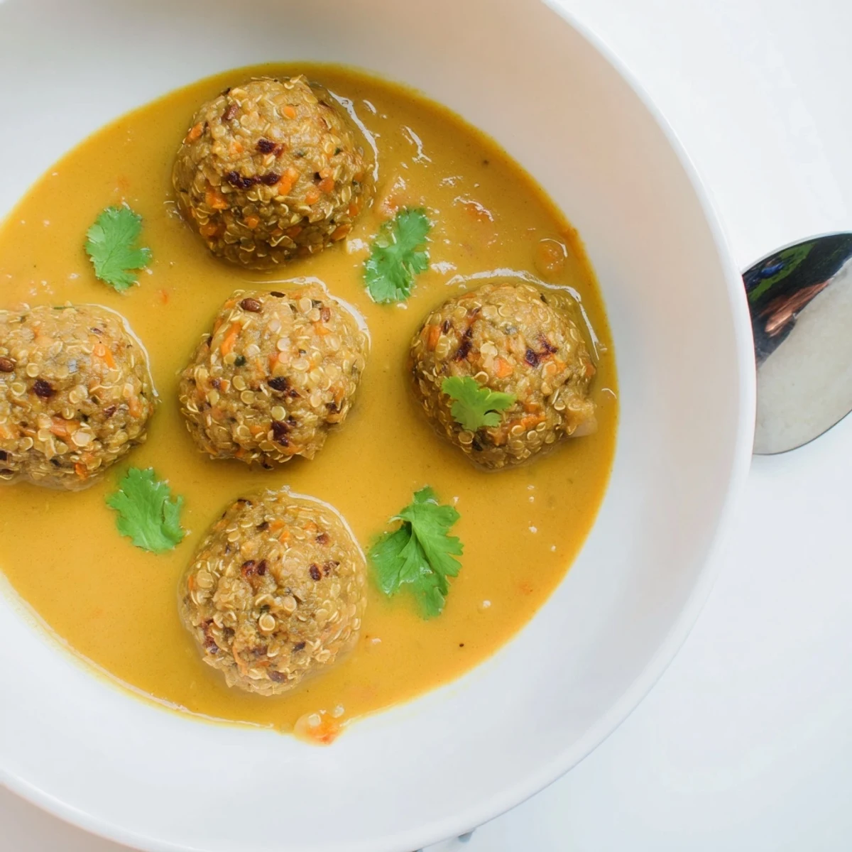 Carrot And Chickpea Balls In Coconut Curry Sauce, golden-browned orbs bathing in coconut cream