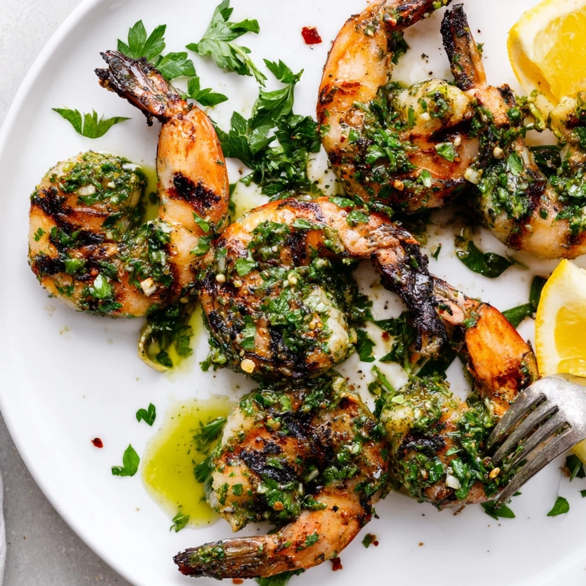 Sizzling chimichurri shrimp skewers with charred edges and bright green herb sauce on a rustic wooden board