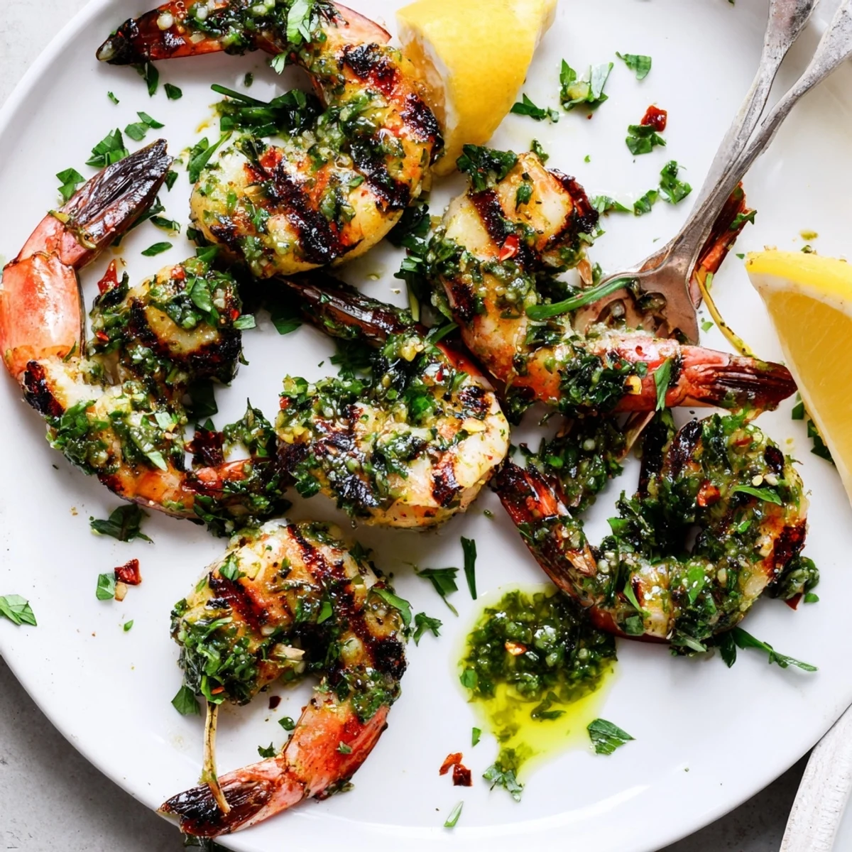 Plump grilled chimichurri shrimp glistening with olive oil and flecks of fresh parsley beside lemon wedges