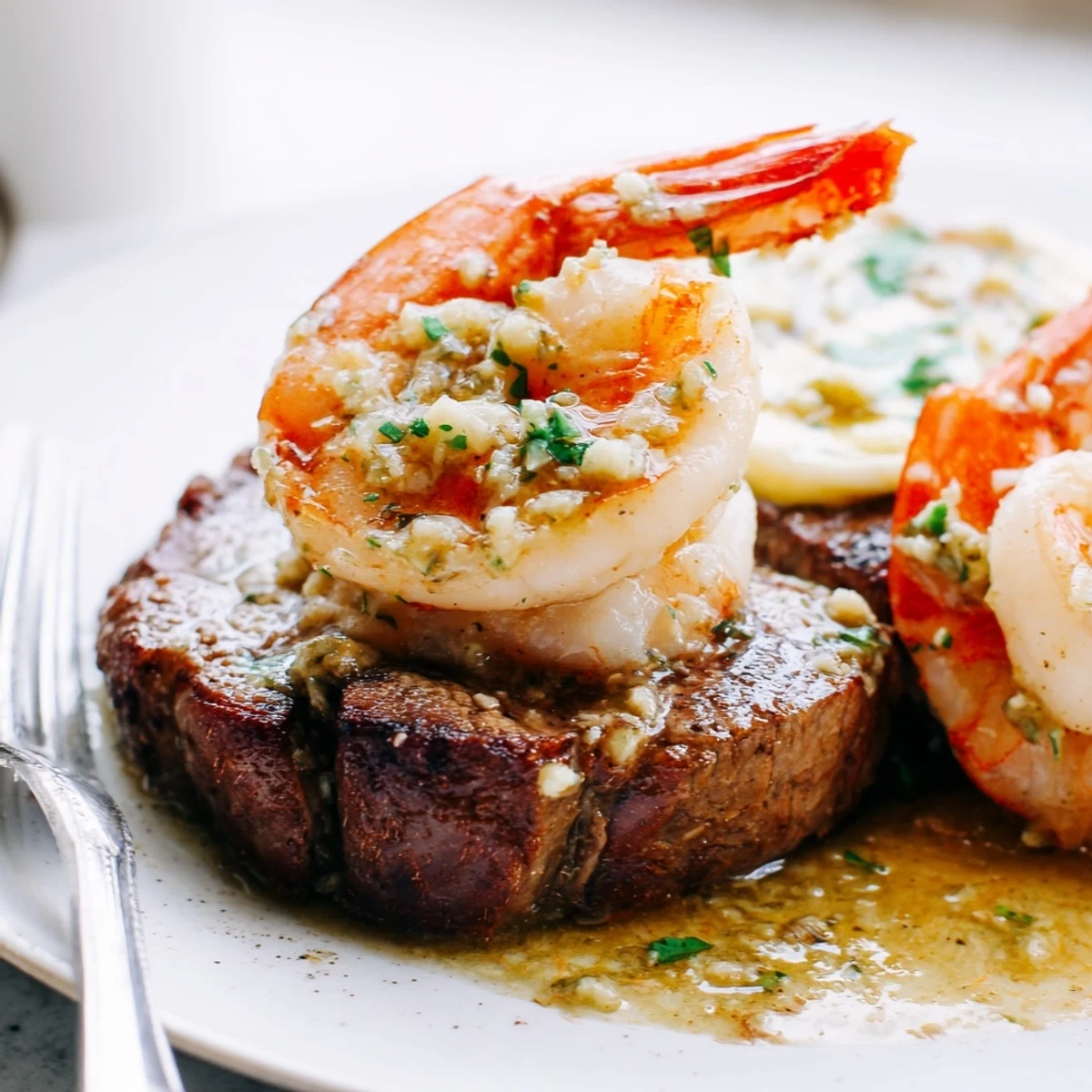 Perfectly cooked steak and garlic butter shrimp garnished with fresh parsley and lemon